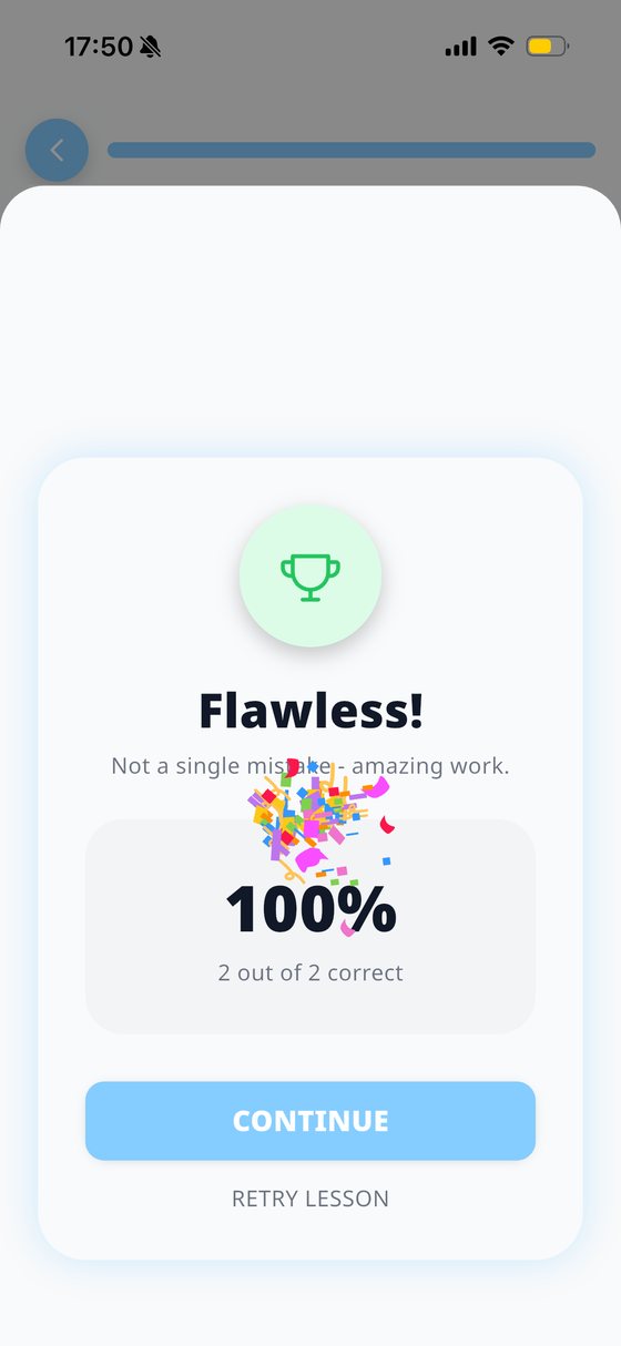 Lesson result screen showing 100 percent